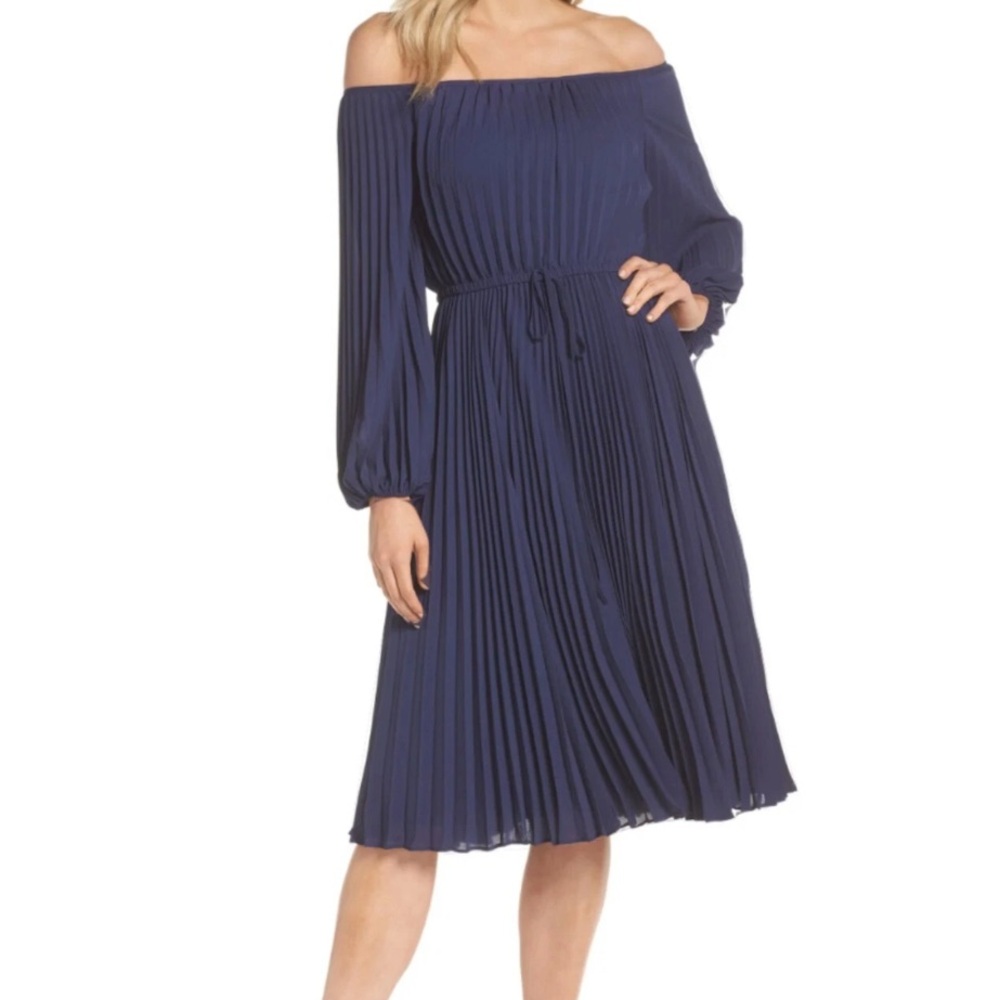 GAL MEETS GLAM Elise Off The Shoulder Pleated Midi Dress Navy Blue 16